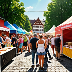 ** A vibrant summer festival scene in a German neighborhood, showcasing booths of local businesses alongside community members enjoying food, games, and music. The overall atmosphere is positive and collaborative.

**