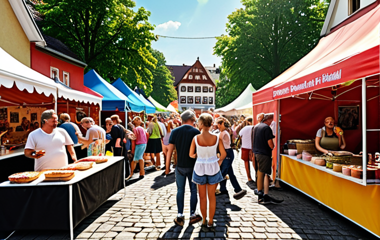 ** A vibrant summer festival scene in a German neighborhood, showcasing booths of local businesses alongside community members enjoying food, games, and music. The overall atmosphere is positive and collaborative.
**