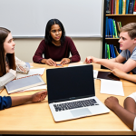 **A diverse group of students collaborating around a table, engaged in active discussion, with laptops and books scattered around. Emphasis on positive group dynamics and a sense of shared learning.**