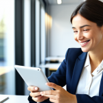 A professional businesswoman in a modest business blazer and blouse, sitting comfortably at a modern desk, looking at a tablet screen with a warm, thoughtful smile, one hand gently resting on the screen, reflecting a moment of personal connection and understanding with the digital content. The background is a blurred, sunlit contemporary office setting, emphasizing a professional and inviting atmosphere. Fully clothed, appropriate attire, safe for work, professional, perfect anatomy, correct proportions, natural pose, well-formed hands, proper finger count, natural body proportions, professional photography, high quality.