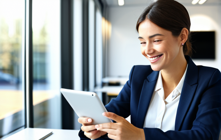 A professional businesswoman in a modest business blazer and blouse, sitting comfortably at a modern desk, looking at a tablet screen with a warm, thoughtful smile, one hand gently resting on the screen, reflecting a moment of personal connection and understanding with the digital content. The background is a blurred, sunlit contemporary office setting, emphasizing a professional and inviting atmosphere. Fully clothed, appropriate attire, safe for work, professional, perfect anatomy, correct proportions, natural pose, well-formed hands, proper finger count, natural body proportions, professional photography, high quality.