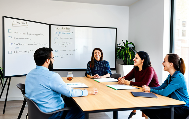 A diverse group of professionals in modest business casual attire, engaged in a collaborative brainstorming session in a bright, modern community co-working space. They are discussing ideas with enthusiasm, demonstrating active listening and mutual support, fostering a sense of belonging. One person gestures towards a whiteboard with a new concept, showcasing a new talent. The atmosphere is positive and encouraging. The subjects are fully clothed, appropriate attire, perfect anatomy, correct proportions, natural pose, well-formed hands, proper finger count, natural body proportions, professional photography, high quality, safe for work, appropriate content, modest, family-friendly.