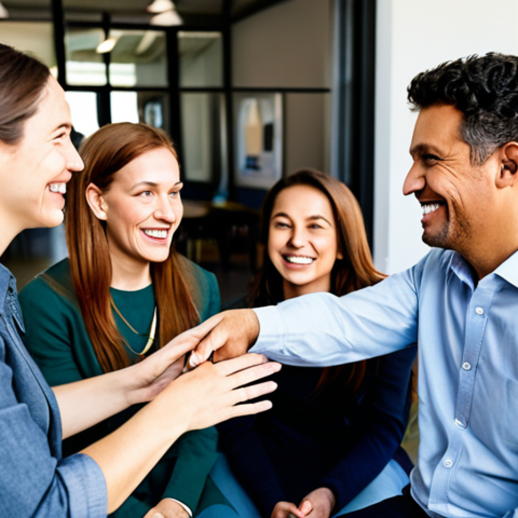 A diverse group of adults, fully clothed in modern casual and professional attire, are gathered in a bright, contemporary community hub. They are engaged in lively, genuine conversation, with warm smiles and active listening expressions, symbolizing the psychological essence of a thriving community built on trust and human connection. The setting is inviting, with soft lighting and comfortable seating. safe for work, appropriate content, fully clothed, modest clothing, family-friendly, perfect anatomy, correct proportions, natural pose, well-formed hands, proper finger count, natural body proportions, professional photography, high quality.