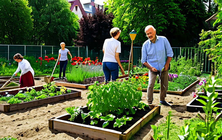 Community Garden in Berlin**
"A vibrant community garden in a sunny Berlin backyard. Diverse group of fully clothed people, appropriate attire, working together planting vegetables and flowers. Kids are laughing and playing nearby. Lush greenery, colorful flowers, wooden raised beds. Perfect anatomy, correct proportions, natural pose. safe for work, appropriate content, fully clothed, family-friendly, professional photography, high quality."
**