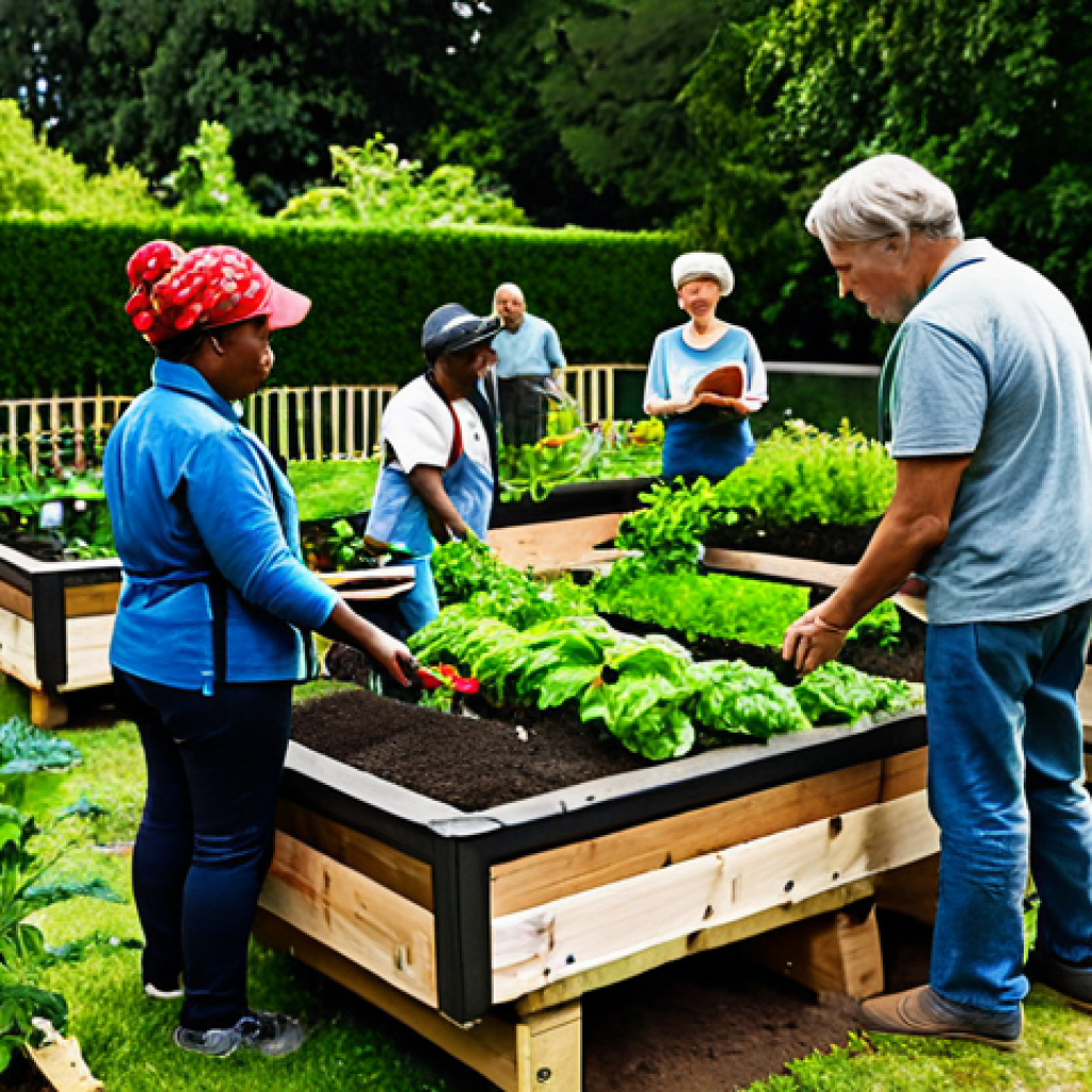 **Community Garden Gathering:** A diverse group of people are working together in a community garden, planting vegetables and flowers, fully clothed in appropriate gardening attire, surrounded by lush greenery and wooden planters. Safe for work, perfect anatomy, natural proportions, family-friendly, professional photography, bright daylight.