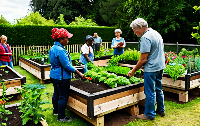 **Community Garden Gathering:** A diverse group of people are working together in a community garden, planting vegetables and flowers, fully clothed in appropriate gardening attire, surrounded by lush greenery and wooden planters. Safe for work, perfect anatomy, natural proportions, family-friendly, professional photography, bright daylight.