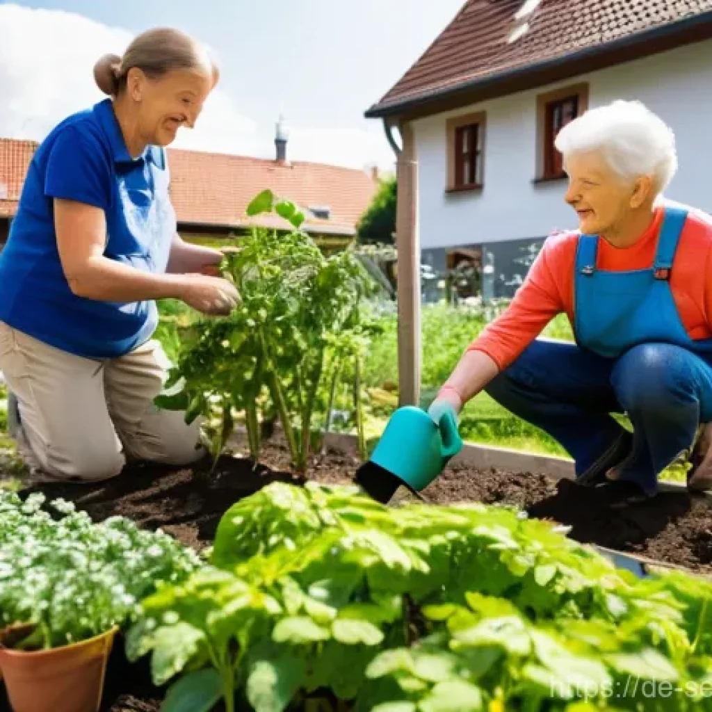 커뮤니티 내 자원봉사 활성화 방안 - **Prompt:** A vibrant scene capturing intergenerational German volunteers actively tending to a flou...