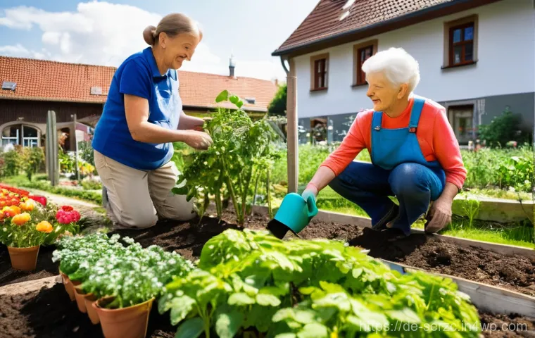 커뮤니티 내 자원봉사 활성화 방안 - **Prompt:** A vibrant scene capturing intergenerational German volunteers actively tending to a flou...