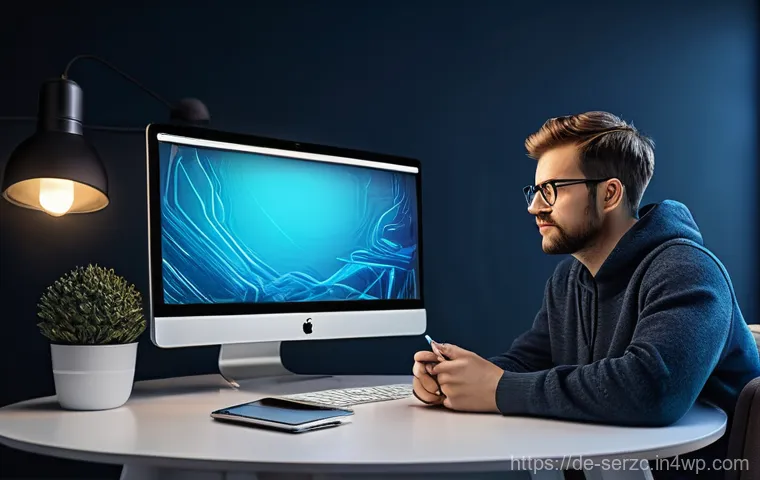 커뮤니티 내 소통을 위한 툴 및 플랫폼 비교 - **Prompt:** "A young adult, male or female, sits at a modern desk, surrounded by multiple glowing co...