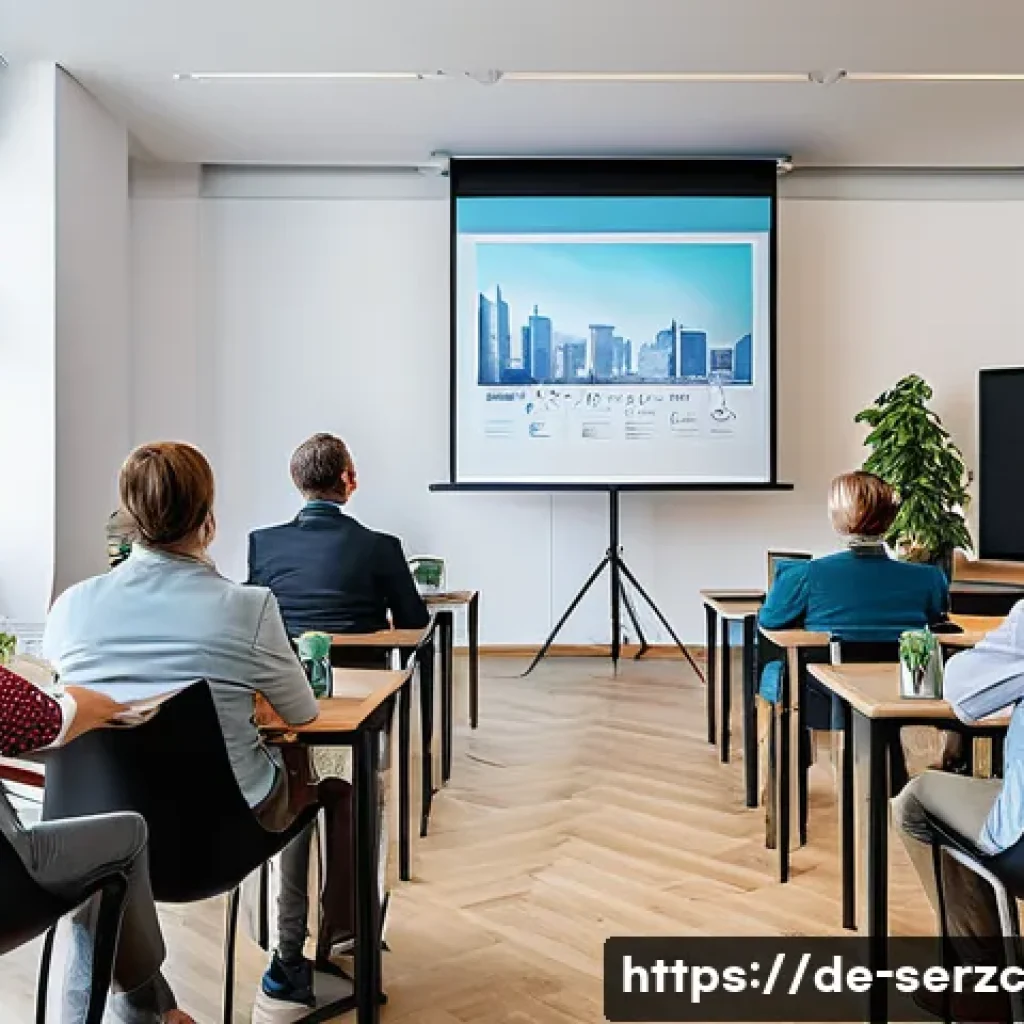 커뮤니티 내 전문가 초청 세미나 기획하기 - A modern, professional seminar room in Germany filled with diverse adult participants attentively li...