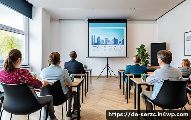 커뮤니티 내 전문가 초청 세미나 기획하기 - A modern, professional seminar room in Germany filled with diverse adult participants attentively li...