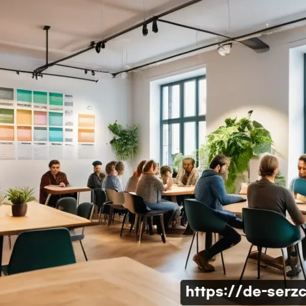 커뮤니티 서비스의 고객 유치를 위한 전략 - A warm, modern German community event scene set in a cozy urban coworking space during early evening...