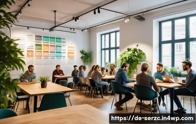 커뮤니티 서비스의 고객 유치를 위한 전략 - A warm, modern German community event scene set in a cozy urban coworking space during early evening...