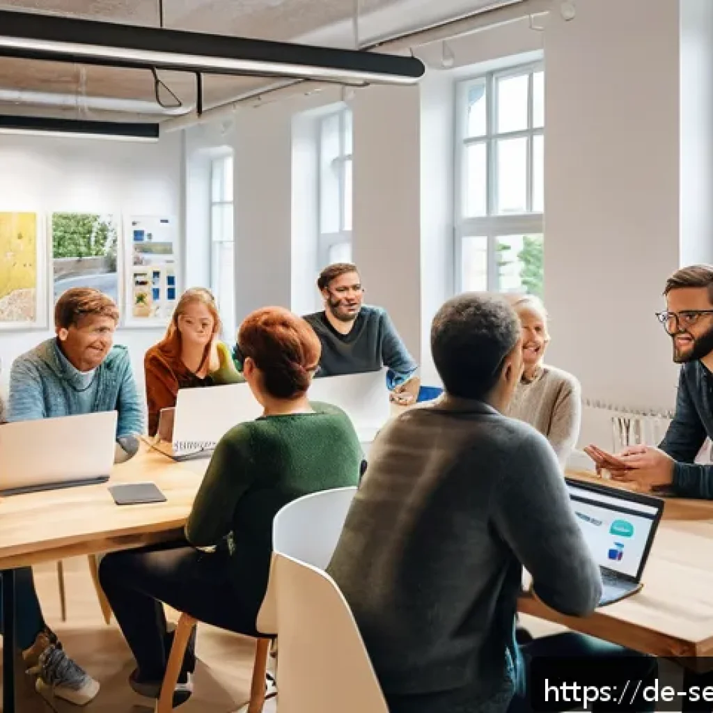커뮤니티 기반 서비스 성공을 위한 체크리스트 - A diverse group of German community members engaging in a lively discussion in a modern coworking sp...