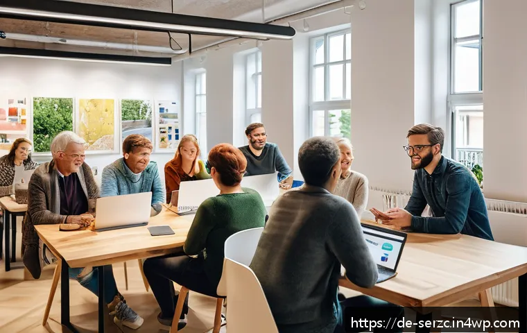 커뮤니티 기반 서비스 성공을 위한 체크리스트 - A diverse group of German community members engaging in a lively discussion in a modern coworking sp...