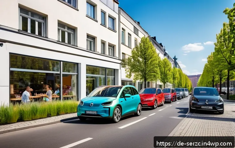 커뮤니티 기반 서비스의 경제적 이점 분석 - A vibrant urban scene showcasing a diverse group of people using a carsharing service in a German ci...