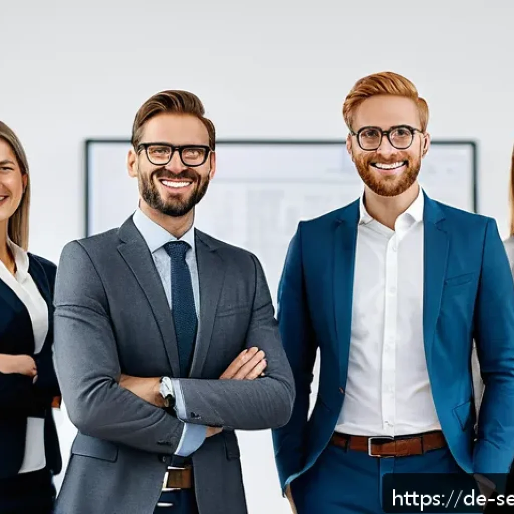 회원가입 유도를 위한 최적의 랜딩 페이지 설계 - A professional and inviting landing page header scene showing a diverse German team of friendly busi...