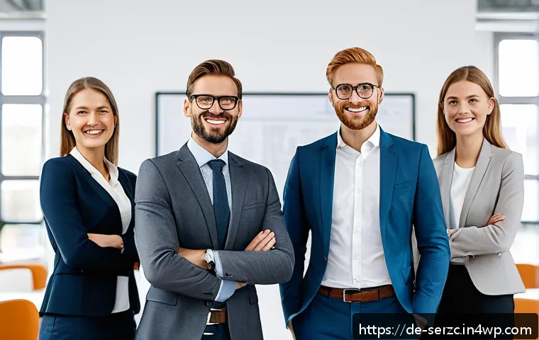 회원가입 유도를 위한 최적의 랜딩 페이지 설계 - A professional and inviting landing page header scene showing a diverse German team of friendly busi...