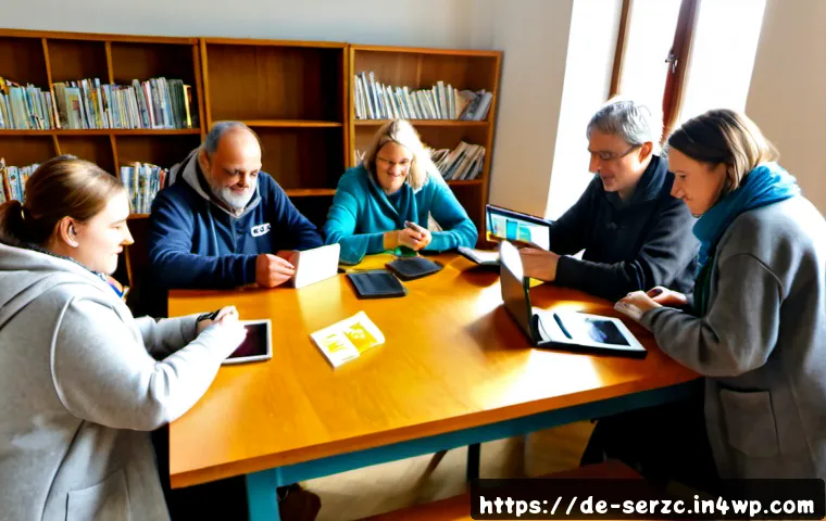 커뮤니티 운영을 위한 자원 공유 플랫폼 활용 - Photorealistic community resource-sharing workspace in a bright German neighborhood library, diverse...